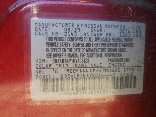 Photo 10 from auction – 2019 NISSAN SENTRA S with VIN 3N1AB7AP1KY408408
