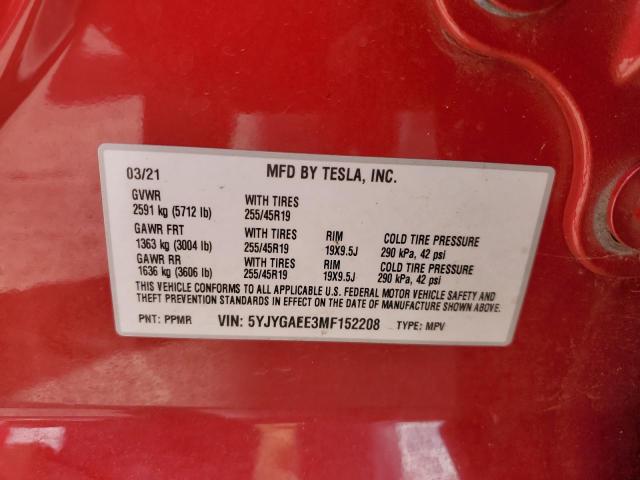 Photo 10 from auction – 2021 TESLA MODEL Y with VIN 5YJYGAEE3MF152208