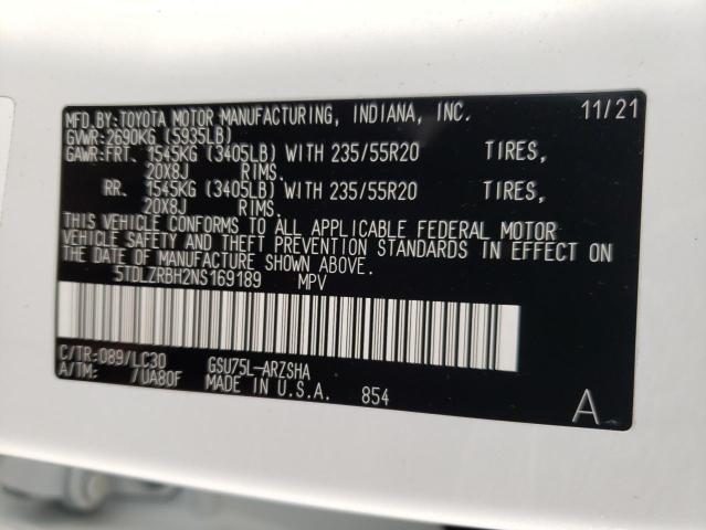 Photo 10 from auction – 2022 TOYOTA HIGHLANDER with VIN 5TDLZRBH2NS169189
