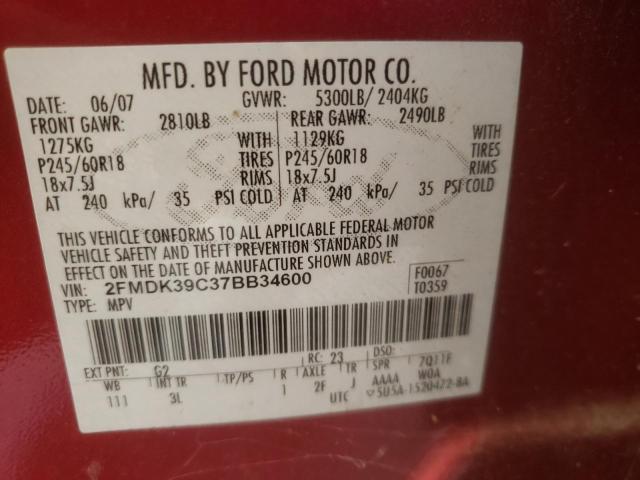 Photo 10 from auction – 2007 FORD EDGE SEL P with VIN 2FMDK39C37BB34600