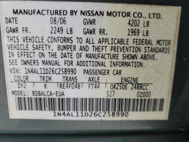 Photo 10 from auction – 2006 NISSAN ALTIMA S with VIN 1N4AL11D26C258990