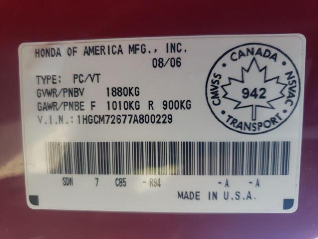 Photo 10 from auction – 2007 HONDA ACCORD EX with VIN 1HGCM72677A800229