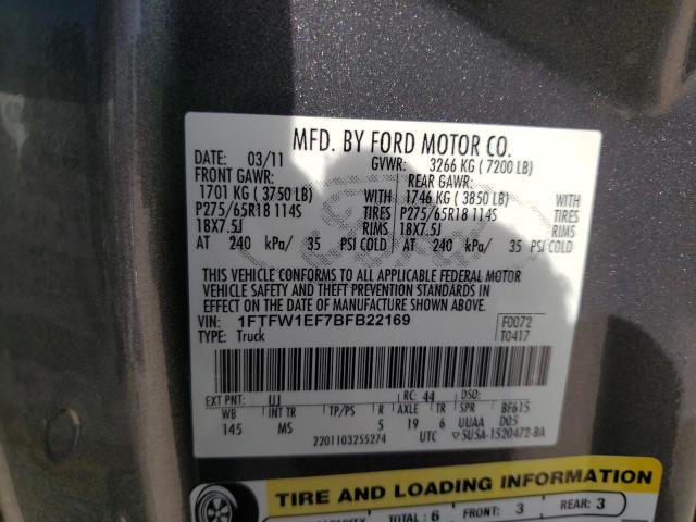 Photo 10 from auction – 2011 FORD F150 SUPER with VIN 1FTFW1EF7BFB22169