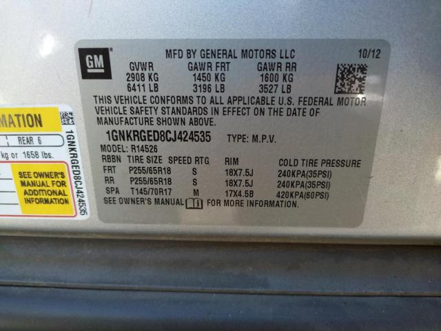Photo 10 from auction – 2012 CHEVROLET TRAVERSE L with VIN 1GNKRGED8CJ424535