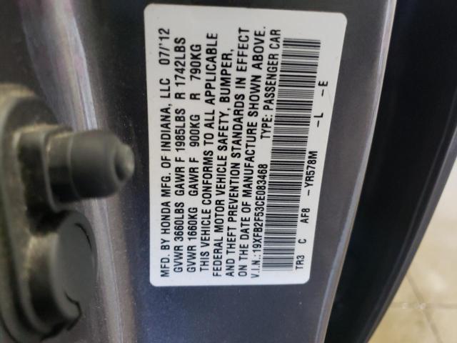 Photo 10 from auction – 2012 HONDA CIVIC LX with VIN 19XFB2F53CE083468