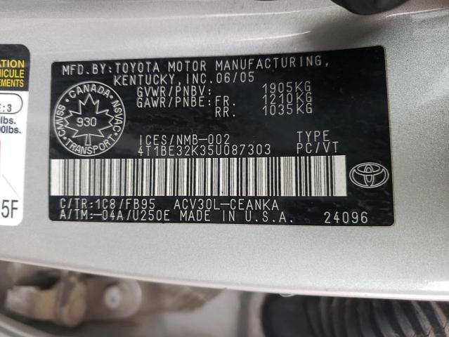 Photo 10 from auction – 2005 TOYOTA CAMRY LE with VIN 4T1BE32K35U087303