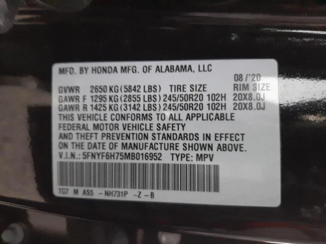 Photo 10 from auction – 2021 HONDA PILOT BLAC with VIN 5FNYF6H75MB016952