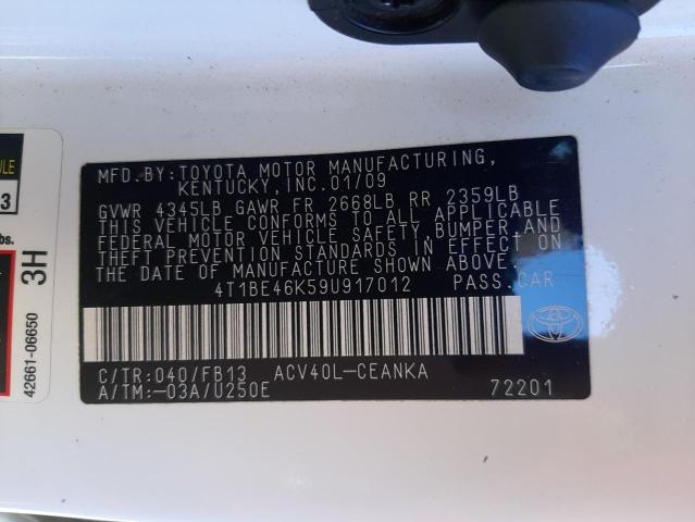 Photo 10 from auction – 2009 TOYOTA CAMRY BASE with VIN 4T1BE46K59U917012