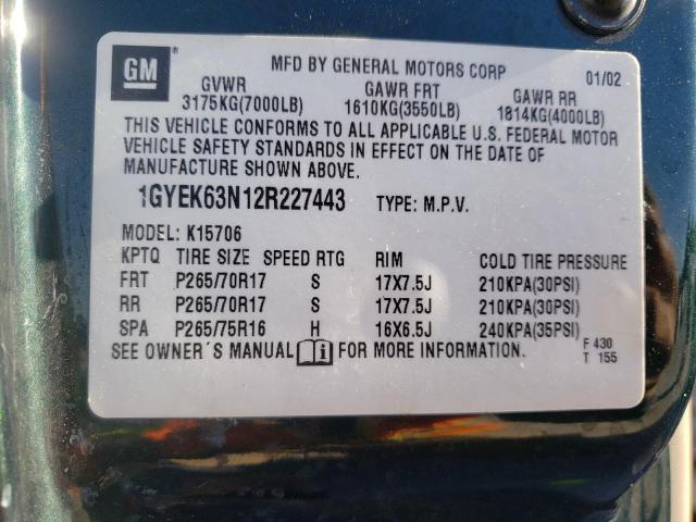 Photo 10 from auction – 2002 CADILLAC ESCALADE L with VIN 1GYEK63N12R227443