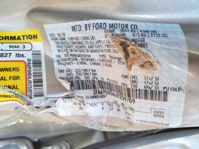 Photo 10 from auction – 2018 FORD FUSION SE with VIN 3FA6P0HD6JR259709