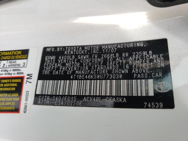 Photo 10 from auction – 2008 TOYOTA CAMRY CE with VIN 4T1BE46K58U773038
