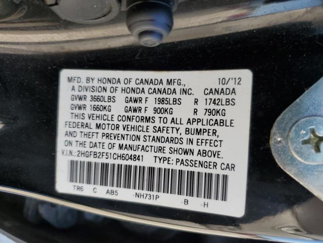 صورة رقم 10 من المزاد - 2012 HONDA CIVIC LX مع VIN 2HGFB2F51CH604841