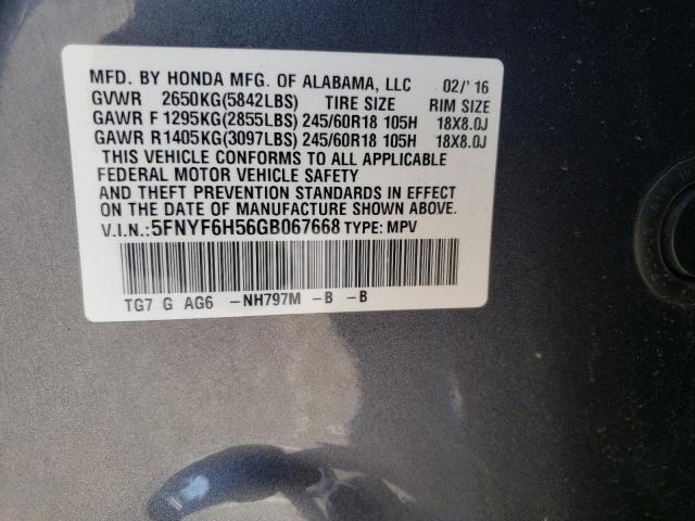 Photo 10 from auction – 2016 HONDA PILOT EXL with VIN 5FNYF6H56GB067668