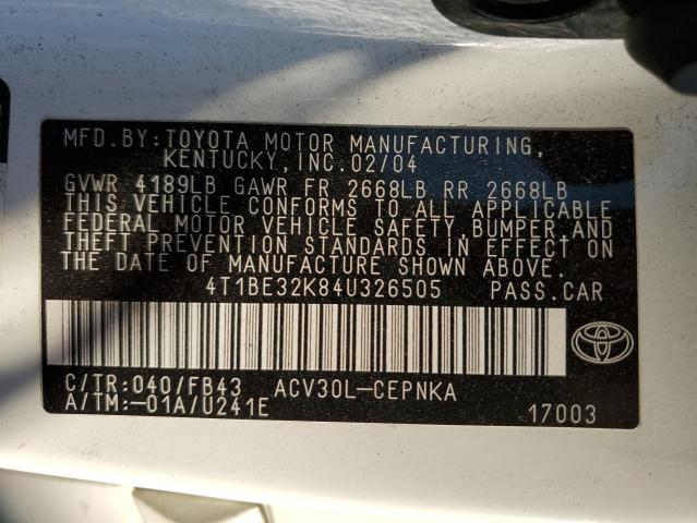 Photo 10 from auction – 2004 TOYOTA CAMRY LE with VIN 4T1BE32K84U326505