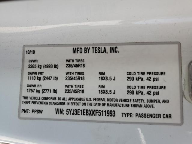 Photo 10 from auction – 2019 TESLA MODEL 3 with VIN 5YJ3E1EBXKF511993