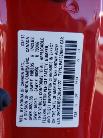 Photo 10 from auction – 2012 HONDA CIVIC LX with VIN 2HGFG3B57CH541127