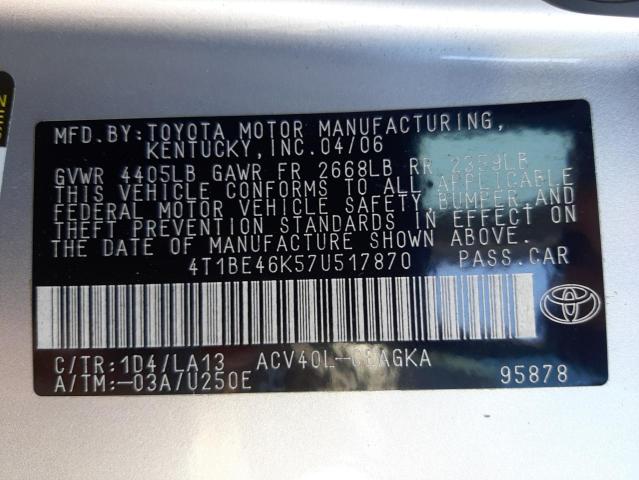 Photo 10 from auction – 2007 TOYOTA CAMRY CE with VIN 4T1BE46K57U517870