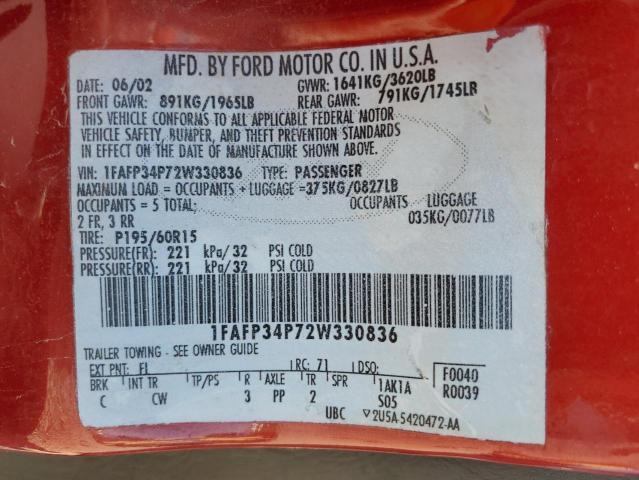 Photo 10 from auction – 2002 FORD FOCUS SE with VIN 1FAFP34P72W330836