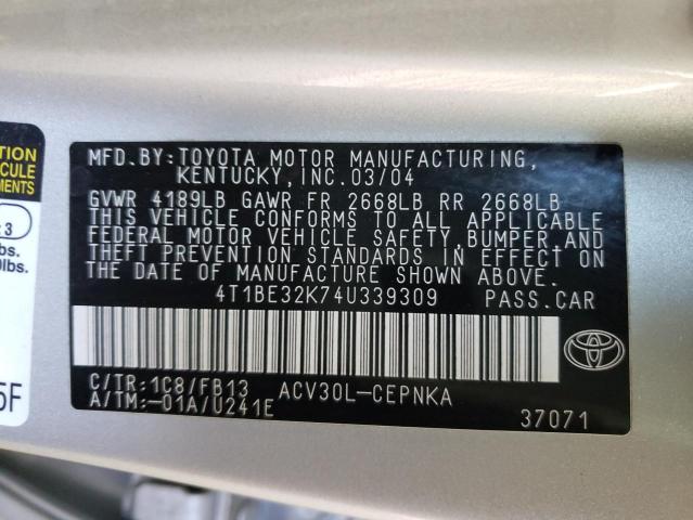 Photo 10 from auction – 2004 TOYOTA CAMRY LE with VIN 4T1BE32K74U339309