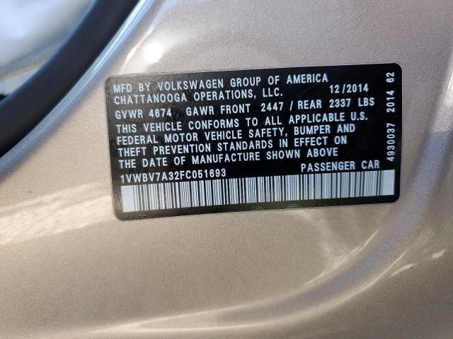 Photo 10 from auction – 2015 VOLKSWAGEN PASSAT SE with VIN 1VWBV7A32FC051693