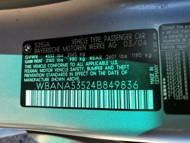 Photo 10 from auction – 2004 BMW 525 I with VIN WBANA53524B849836