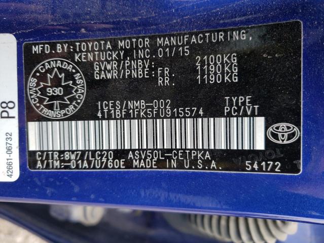 Photo 10 from auction – 2015 TOYOTA CAMRY LE with VIN 4T1BF1FK5FU915574