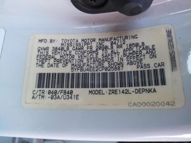 Photo 10 from auction – 2012 TOYOTA COROLLA BA with VIN 5YFBU4EE2CP025887