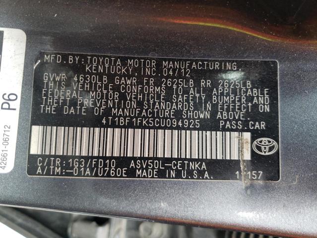 Photo 10 from auction – 2012 TOYOTA CAMRY BASE with VIN 4T1BF1FK5CU094925