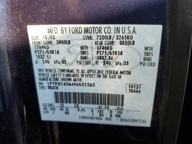 Photo 10 from auction – 2004 FORD F150 with VIN 1FTPX14564NA51565