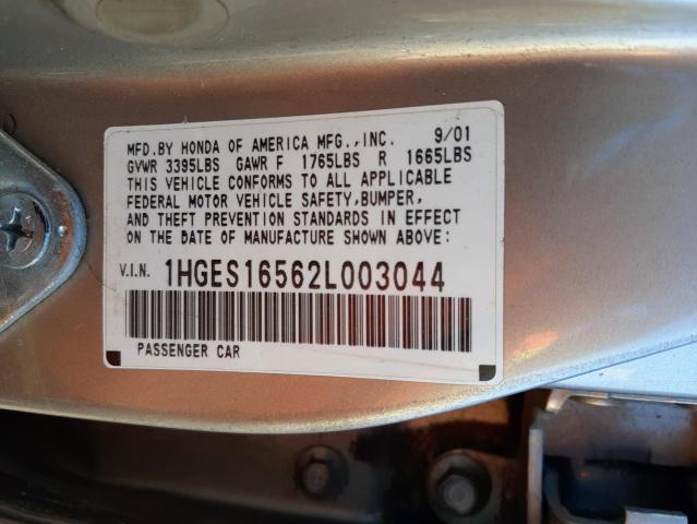 Photo 10 from auction – 2002 HONDA CIVIC LX with VIN 1HGES16562L003044