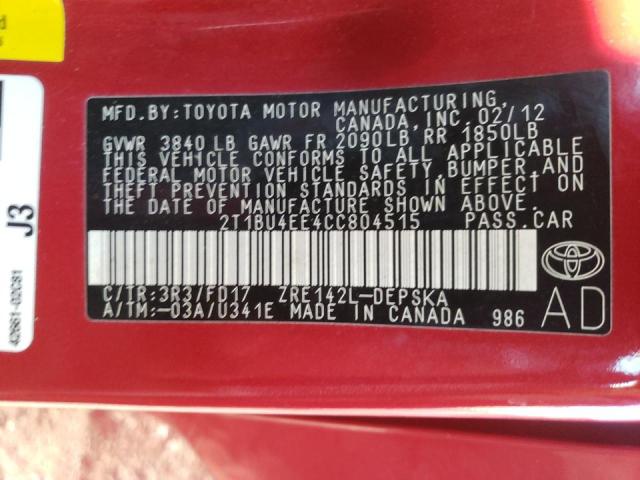 Photo 10 from auction – 2012 TOYOTA COROLLA BA with VIN 2T1BU4EE4CC804515