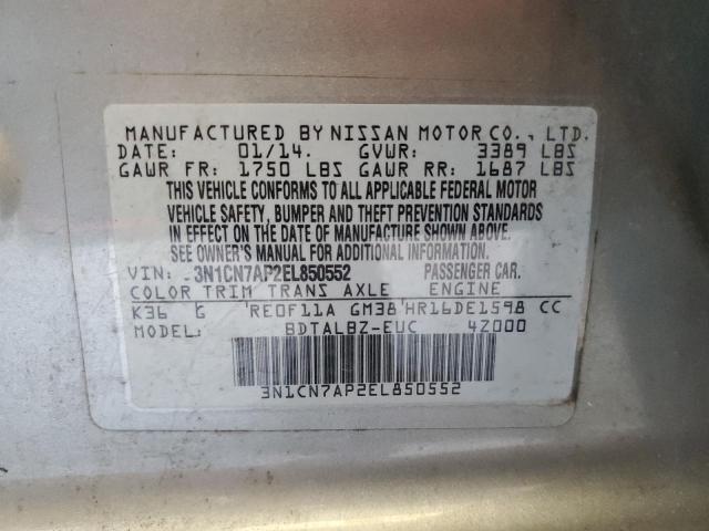 Photo 10 from auction – 2014 NISSAN VERSA S with VIN 3N1CN7AP2EL850552
