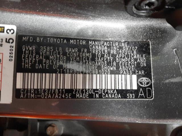 Photo 10 from auction – 2008 TOYOTA COROLLA CE with VIN 2T1BR30E78C881020