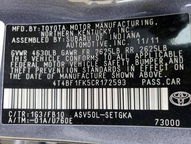 Photo 10 from auction – 2012 TOYOTA CAMRY BASE with VIN 4T4BF1FK5CR172593