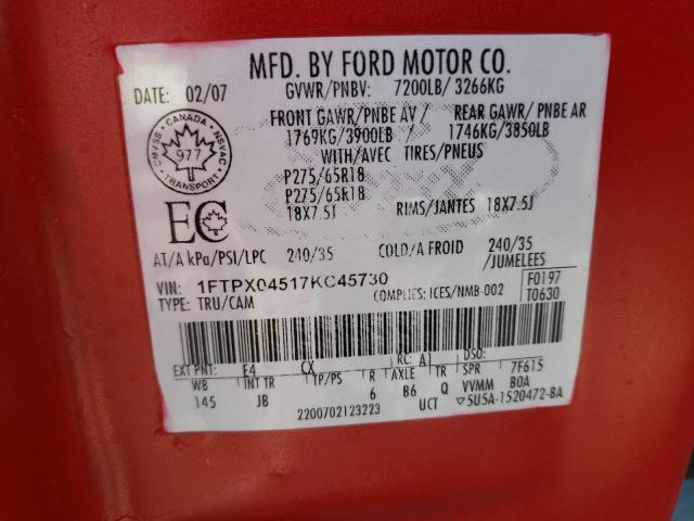 Photo 10 from auction – 2007 FORD F150 with VIN 1FTPX04517KC45730