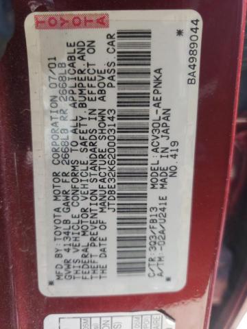 Photo 10 from auction – 2002 TOYOTA CAMRY LE with VIN JTDBE32K620003143