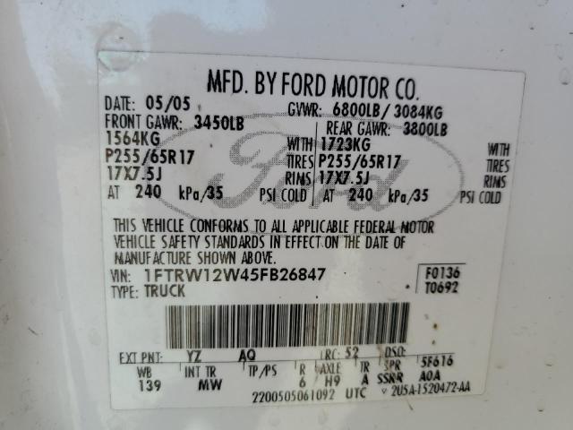 Photo 10 from auction – 2005 FORD F150 SUPER with VIN 1FTRW12W45FB26847