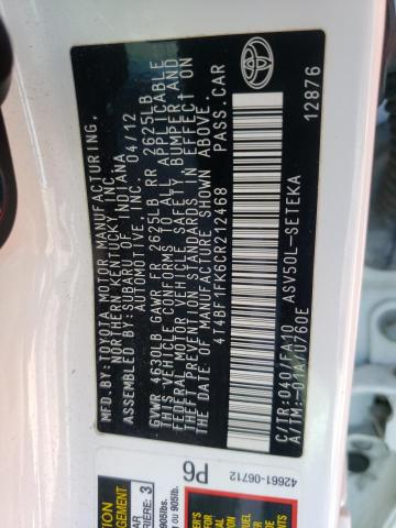 Photo 10 from auction – 2012 TOYOTA CAMRY BASE with VIN 4T4BF1FK6CR212468