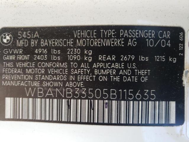 Photo 10 from auction – 2005 BMW 545 I with VIN WBANB33505B115635