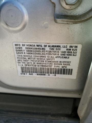 Zdjęcie 10 z aukcji – 2007 HONDA PILOT LX z VIN 5FNYF281X7B004787