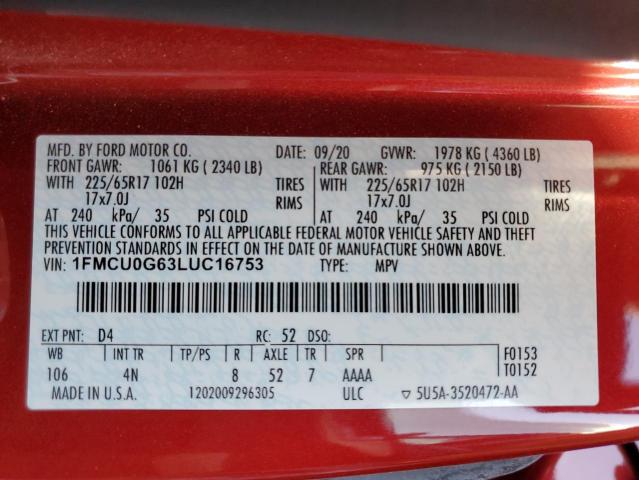 Photo 10 from auction – 2020 FORD ESCAPE SE with VIN 1FMCU0G63LUC16753
