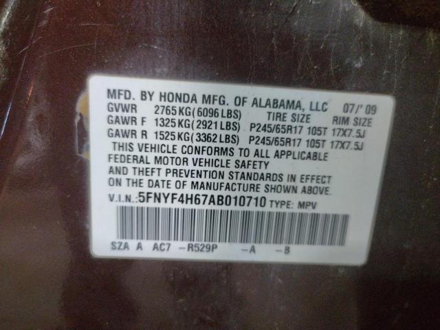 Photo 10 from auction – 2010 HONDA PILOT EXL with VIN 5FNYF4H67AB010710