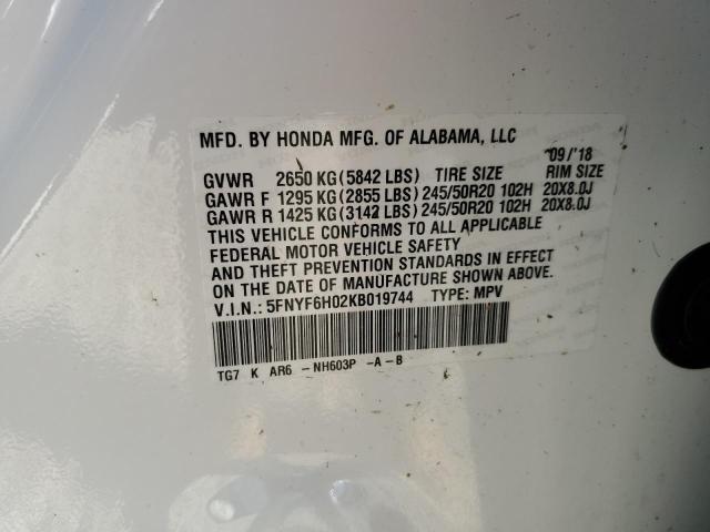 Photo 10 from auction – 2019 HONDA PILOT ELIT with VIN 5FNYF6H02KB019744