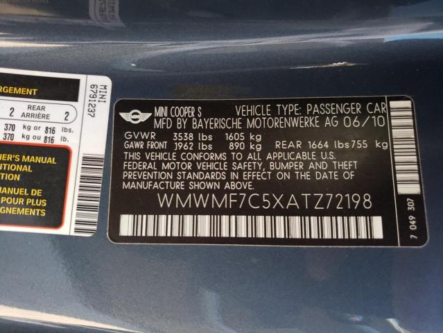 Photo 10 from auction – 2010 MINI COOPER S with VIN WMWMF7C5XATZ72198