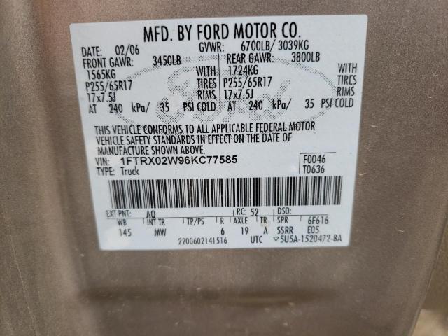 Photo 10 from auction – 2006 FORD F150 with VIN 1FTRX02W96KC77585