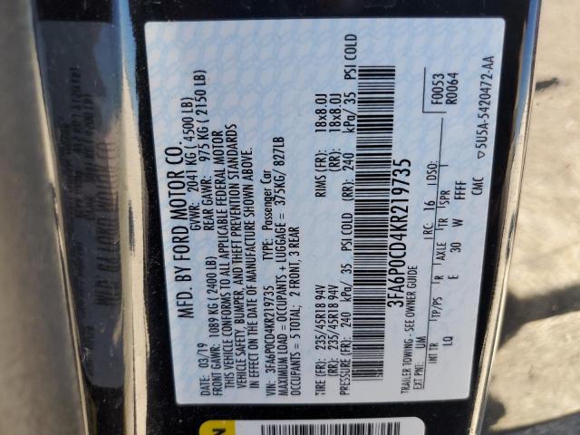 Photo 10 from auction – 2019 FORD FUSION SEL with VIN 3FA6P0CD4KR219735