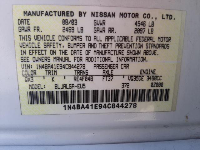 Photo 10 from auction – 2004 NISSAN MAXIMA SE with VIN 1N4BA41E94C844278