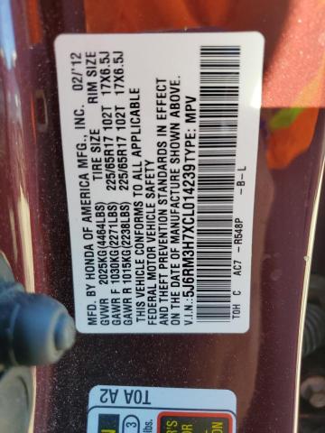 Photo 10 from auction – 2012 HONDA CR-V EXL with VIN 5J6RM3H7XCL014239