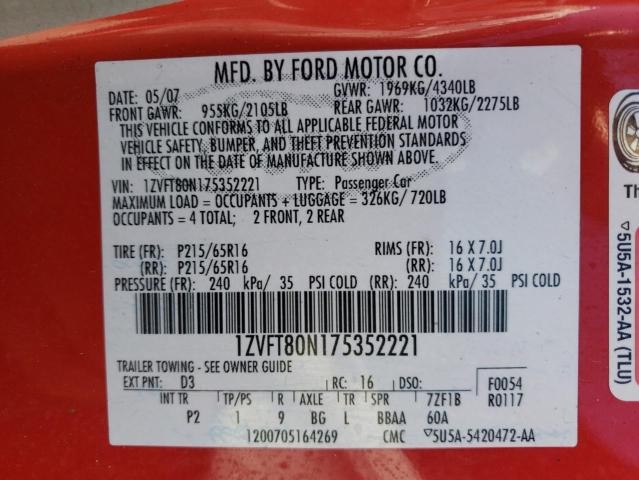 Photo 10 from auction – 2007 FORD MUSTANG with VIN 1ZVFT80N175352221