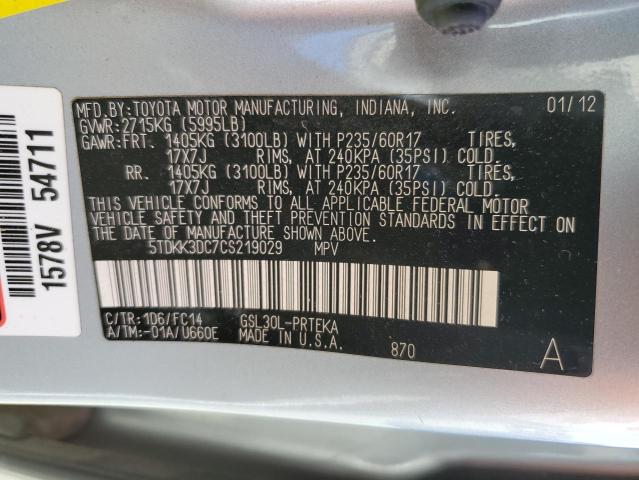 Photo 10 from auction – 2012 TOYOTA SIENNA LE with VIN 5TDKK3DC7CS219029